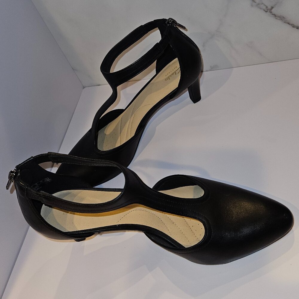 Clarks Black Strappy Kitten Heel Pumps